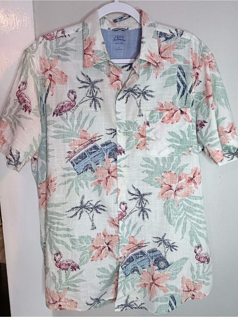 IZOD Saltwater short-sleeve tropical button Shirt Men L